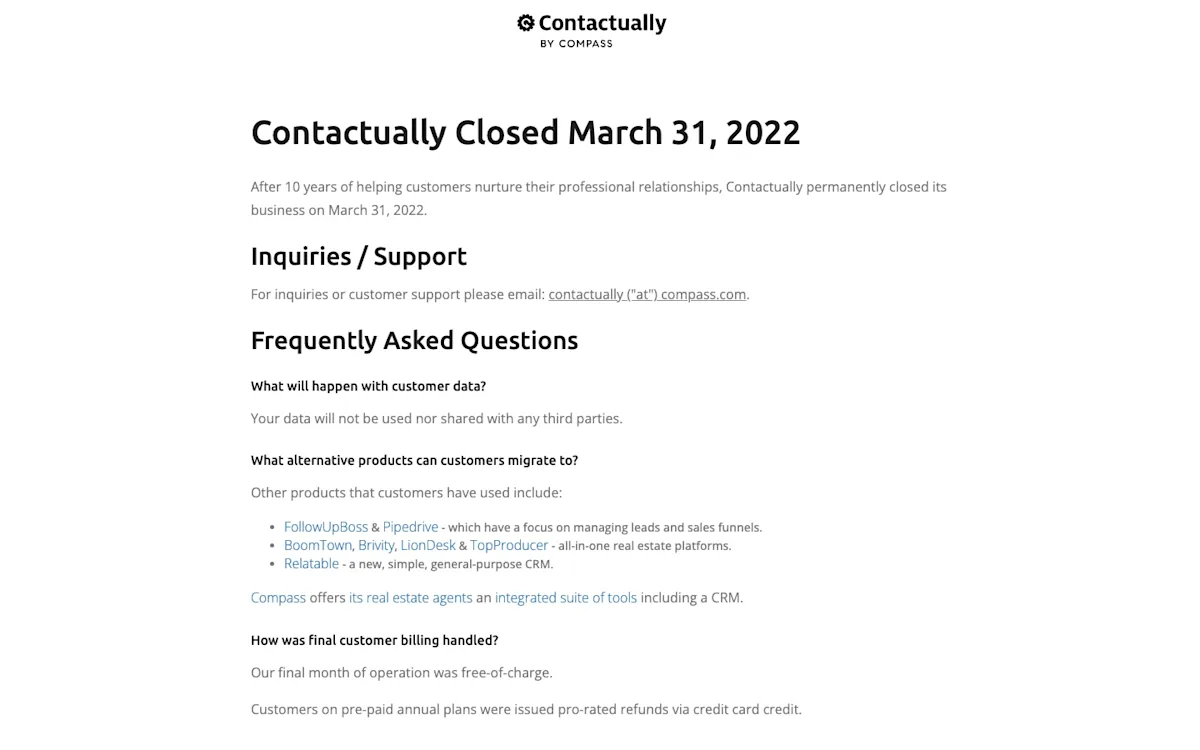 Contactually's homepage notice saying the service closed on March 31, 2022, with the list of tools customers migrated to