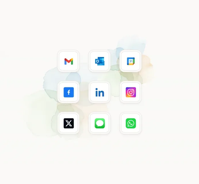 Dex syncs Gmail, Outlook, Google Calendar, LinkedIn, Facebook, Instagram, X, iMessage and WhatsApp into one contact list