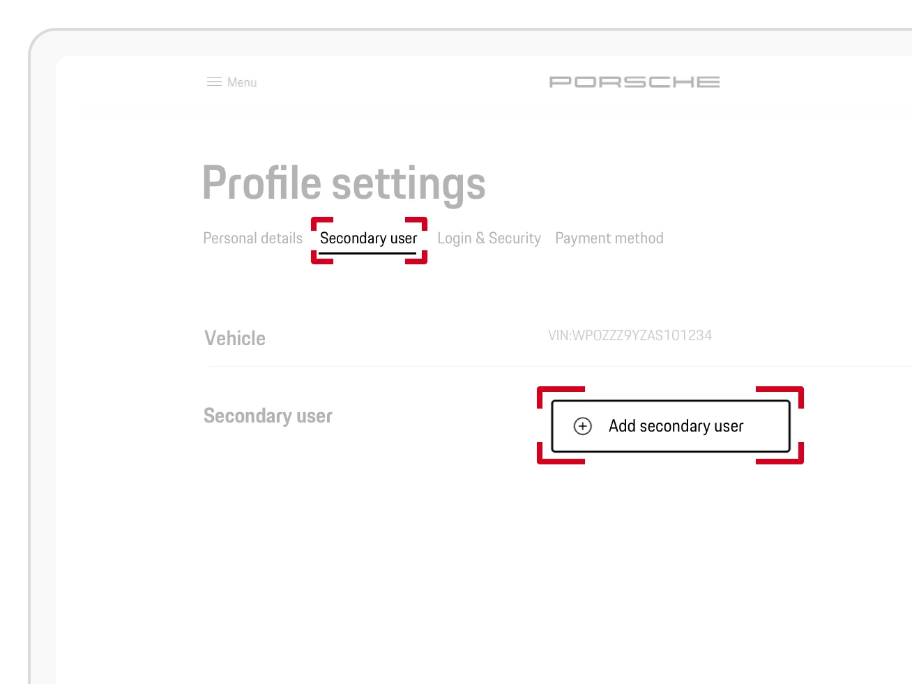  Image montrant la section utilisateur secondaire dans My Porsche 