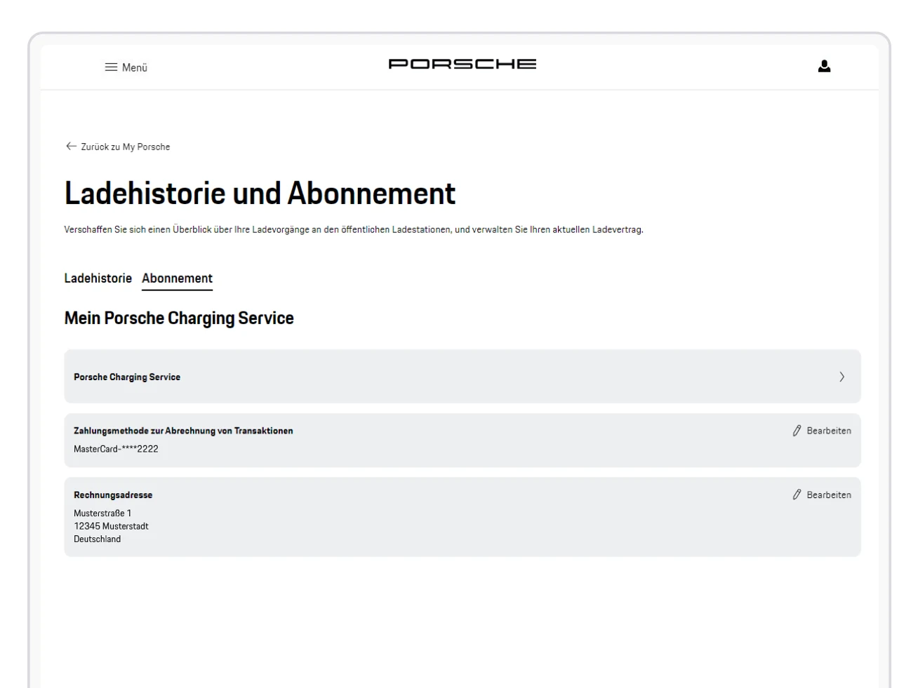screenshot mit übersicht der charging service ladehistorie und abonnements