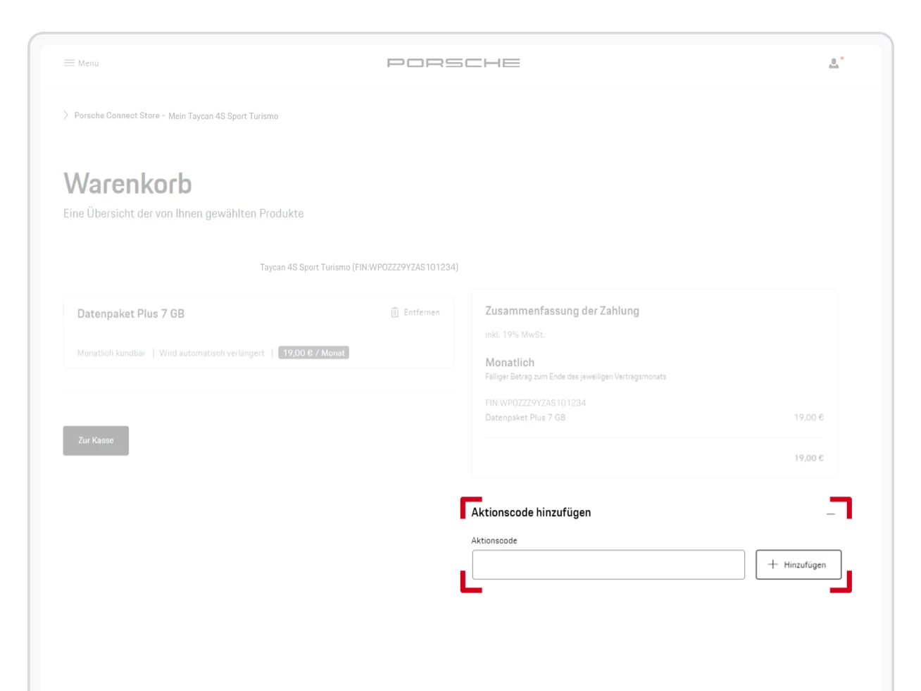 Einlösen eines Porsche Connect Aktionscode im Warenkorb