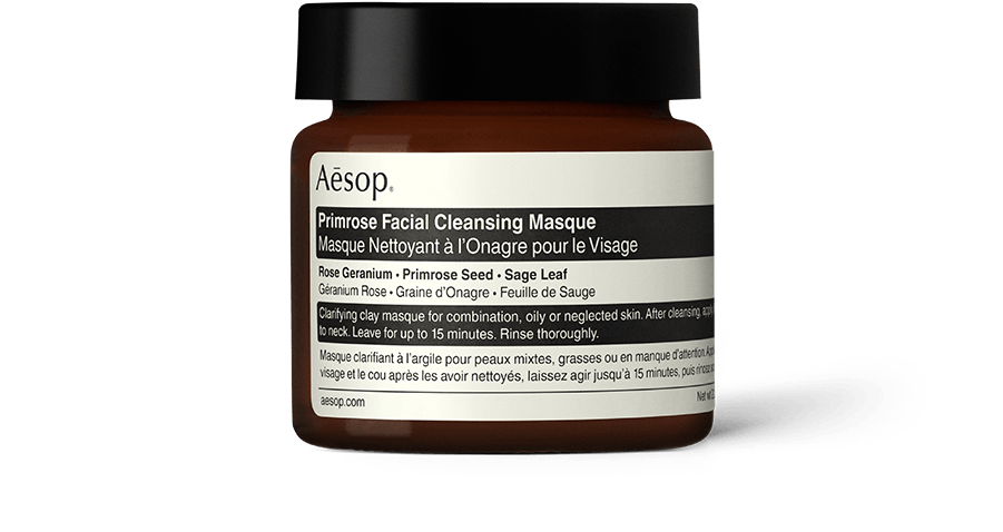 Aesop’s Primrose Facial Cleansing Masque in amber jar; a clarifying twice-weekly clay for normal, combination and oily skin.