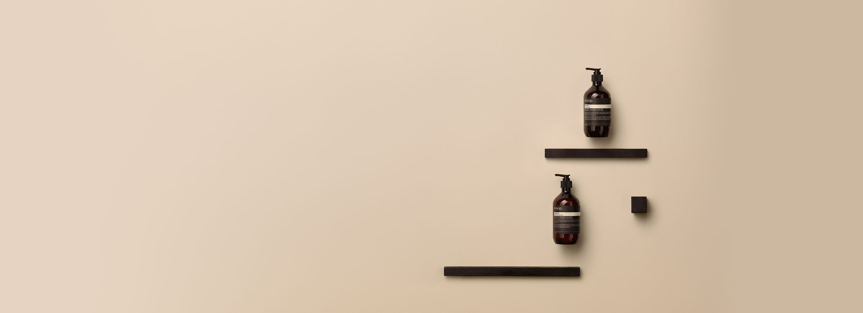 Amber bottles of Aesop Shampoo and Conditioner sitting on a cream background surrounded by geometric shape.