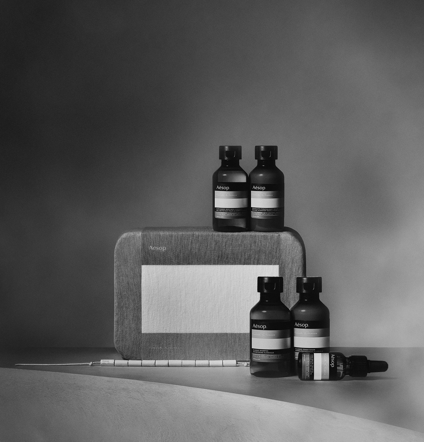 Aesop Rick Owens Travel Kit sitting on a concrete surface.