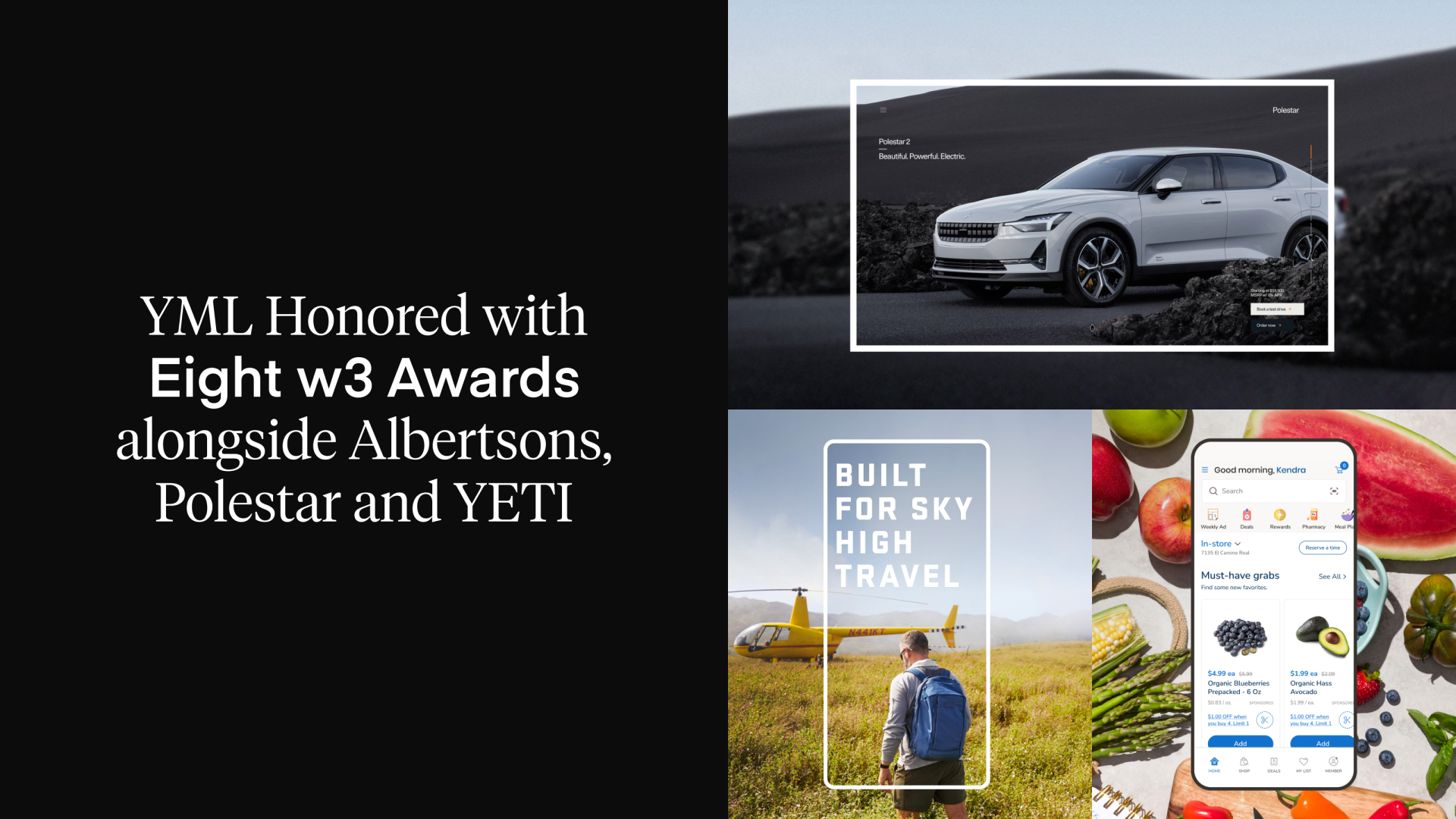 YML Honored with Eight w3 Awards for Work with Albertsons, Polestar and YETI