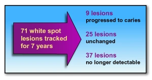 Diagram showing the tracking of 71 white spot lesions for 7 years
