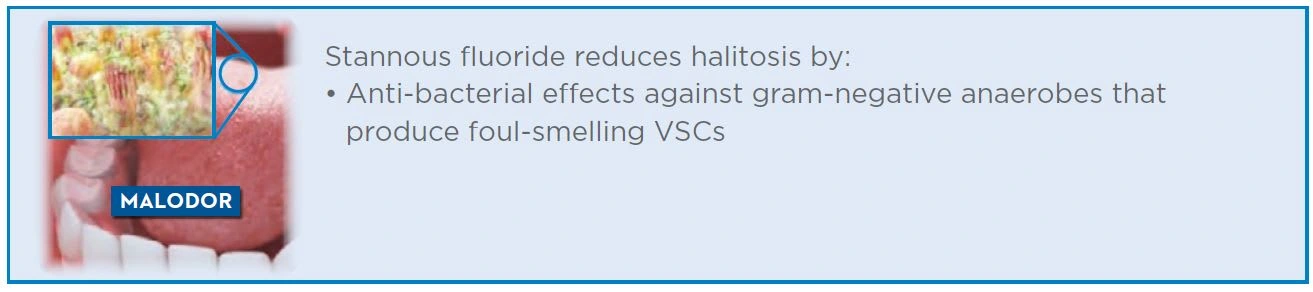 Stannous fluoride reduces halitosis by anti-bacterial effects against gram-negative anaerobes that produce foul-smelling VSCs