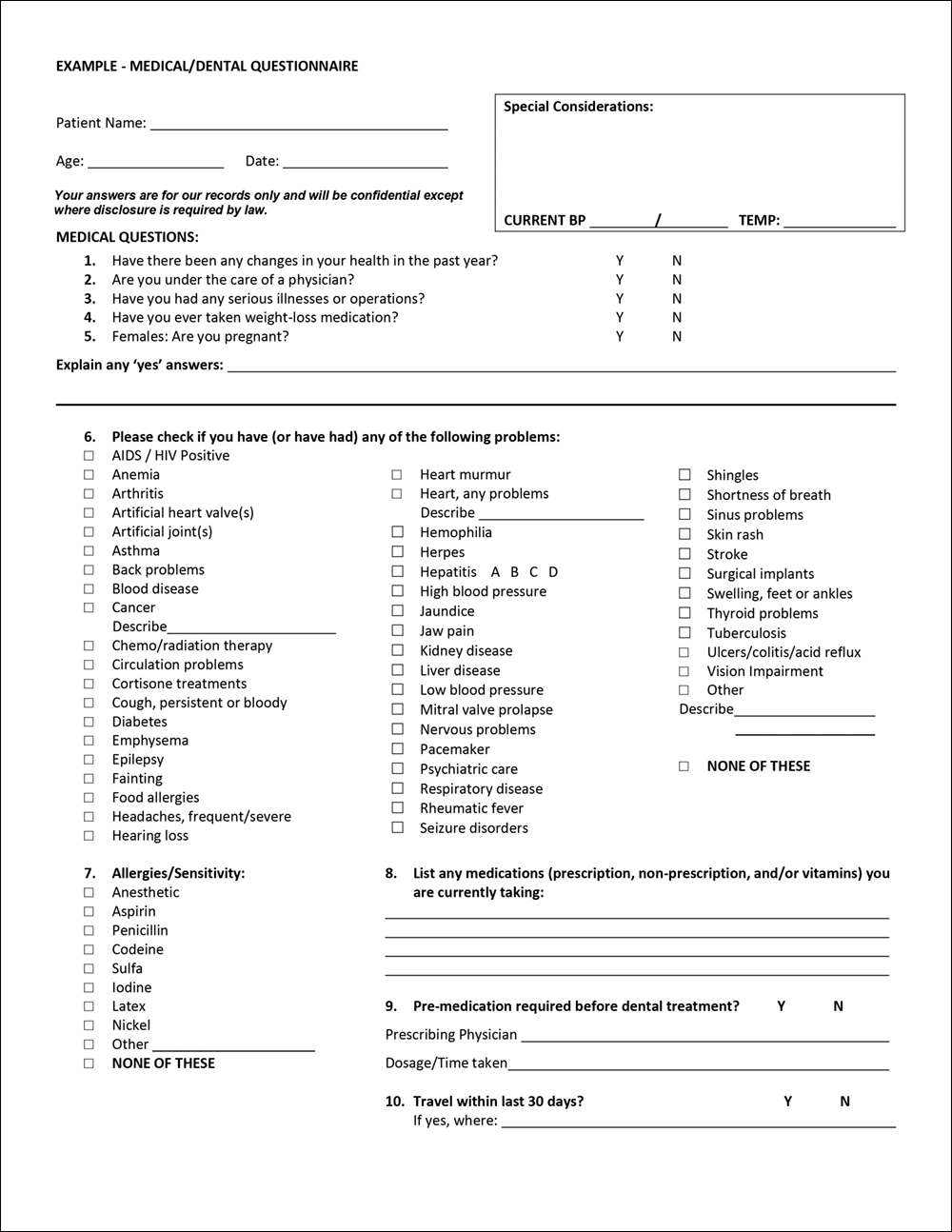 Example of a comprehensive medical and dental form.