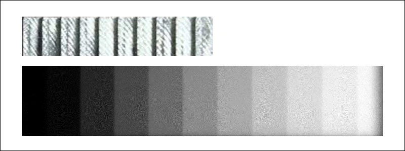 Photo and radiographic image of an aluminum stepwedge. The thin steps are darker than the thick steps.