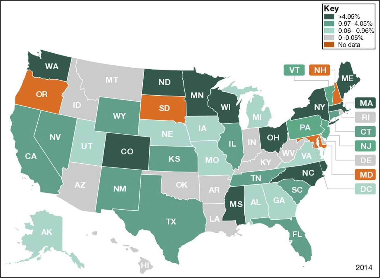 Image: States with Medicaid funding for Physician Oral Health Screening and Fluoride Varnish.