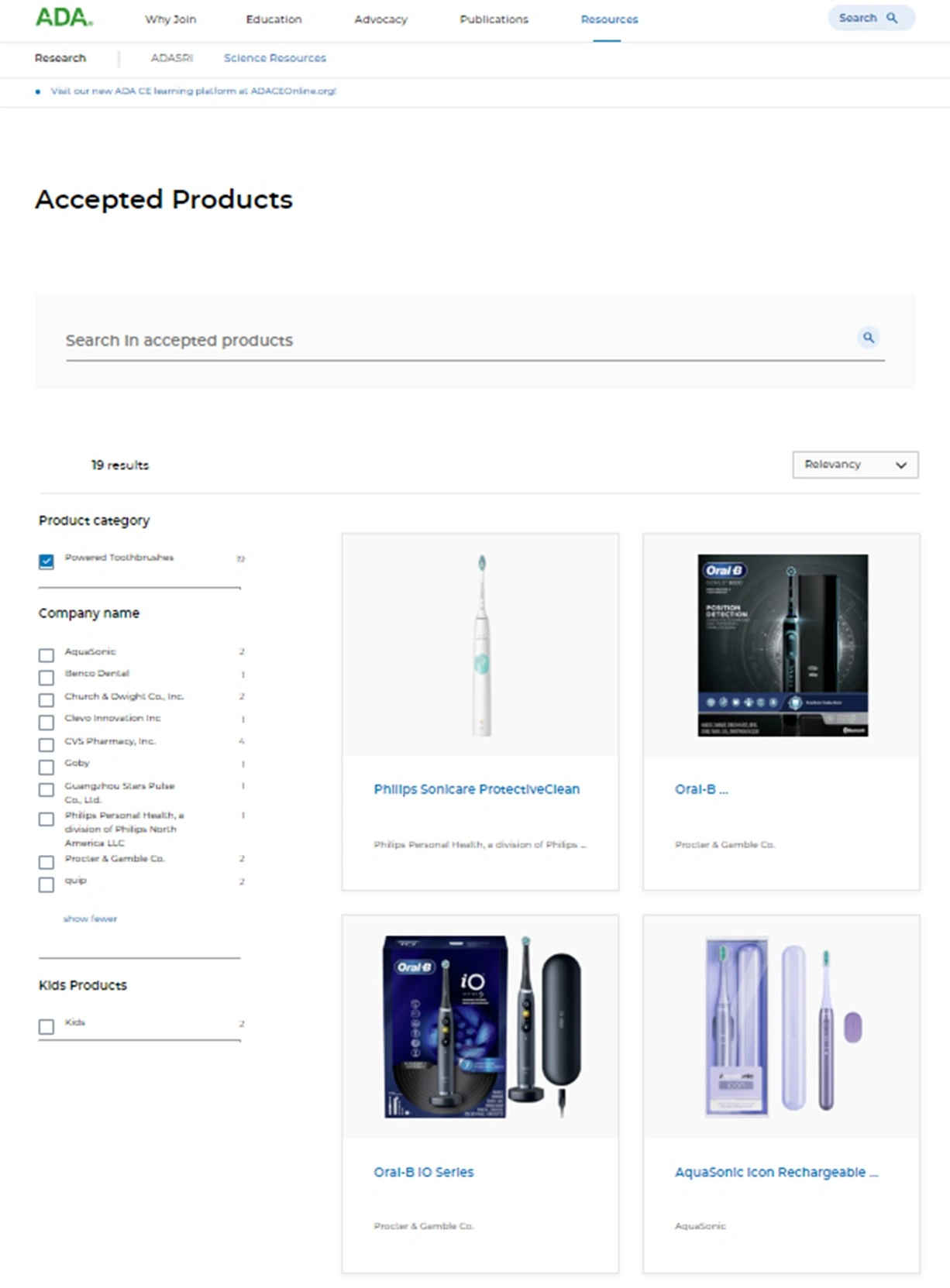 Image showing the power toothbrushes listed on theADA product search website
