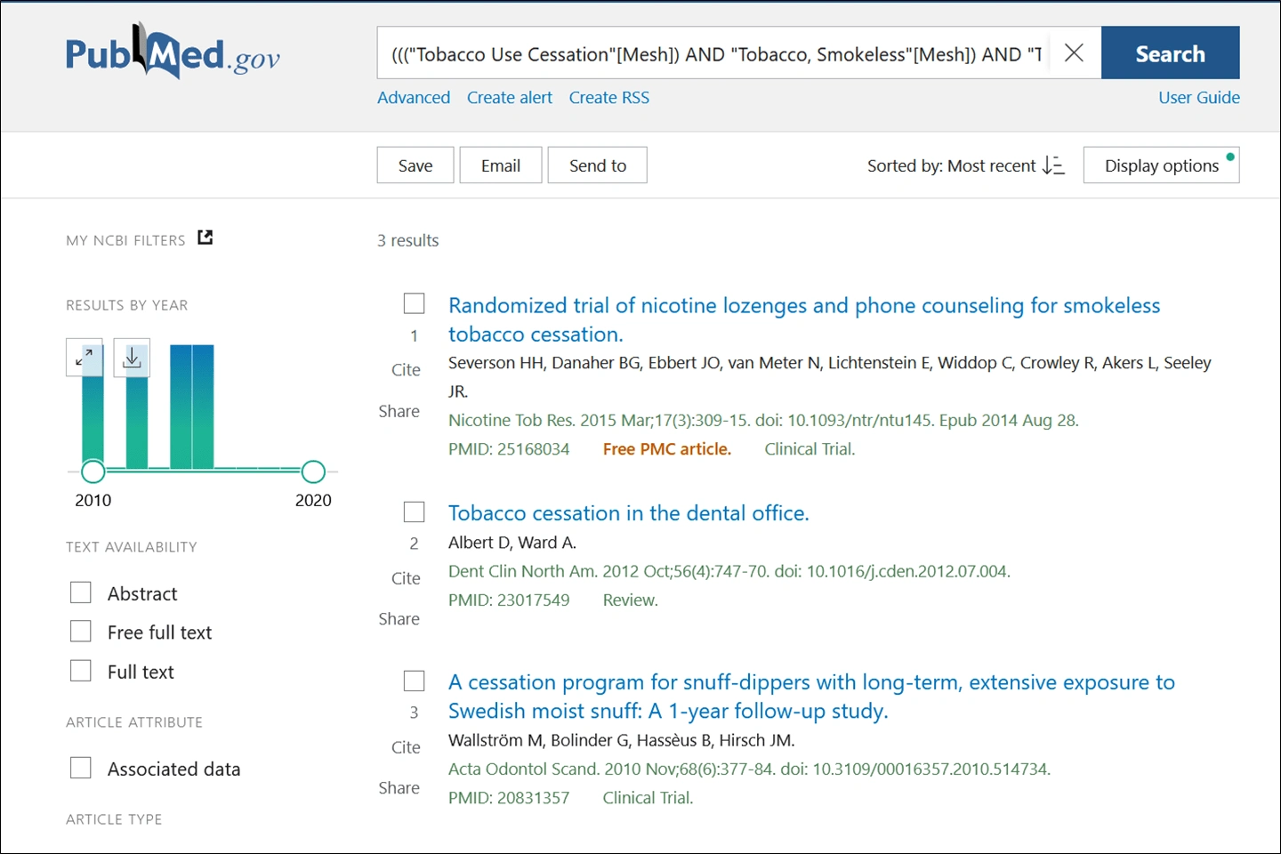 Image of PubMed Results of Search for Smokeless Tobacco AND Tobacco Use Cessation AND Tobacco Use Cessation Devices AND Counseling