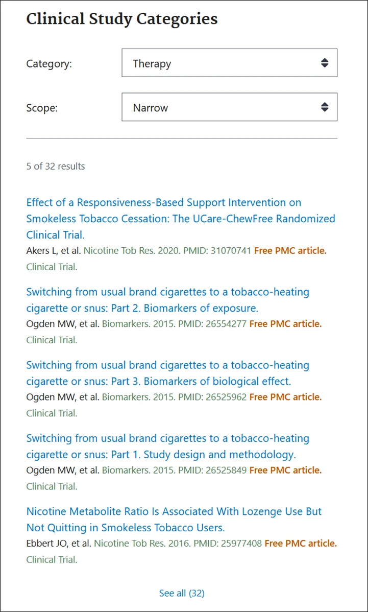 ce340 - Fig 21p2 png (1)
Image 2 of Results of Clinical Queries Search for MeSH terms Tobacco Use Cessation AND Smokeless Tobacco