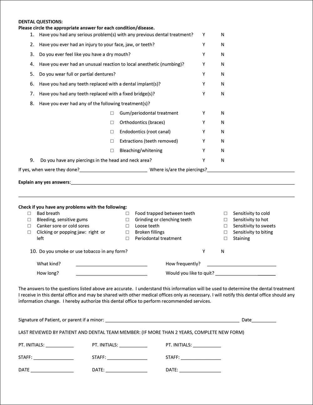 Example of a comprehensive medical and dental form.