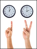 Photo of clocks and hands showing the passage of 2 hours.