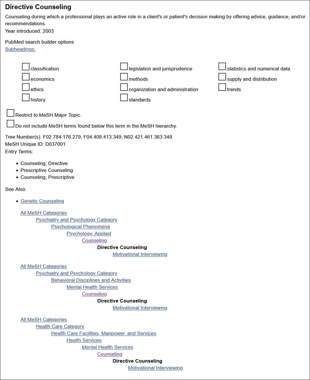Image of MeSH Database Description for Directive Counseling