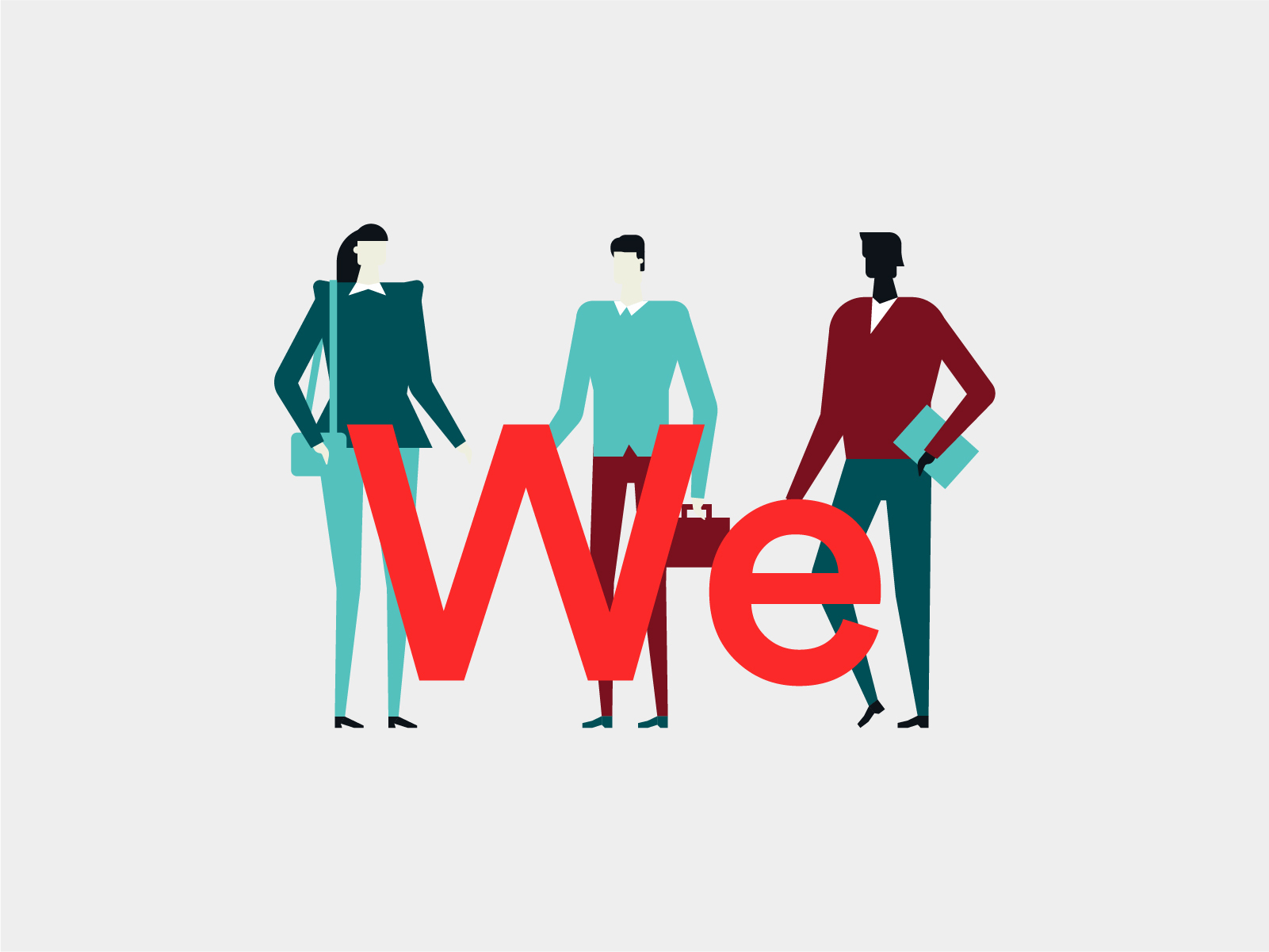 Illustration of three people standing behind the word "We"