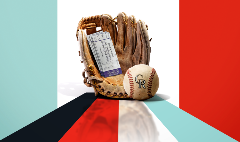 Baseball glove and ball with four Colorado Rockies tickets.
