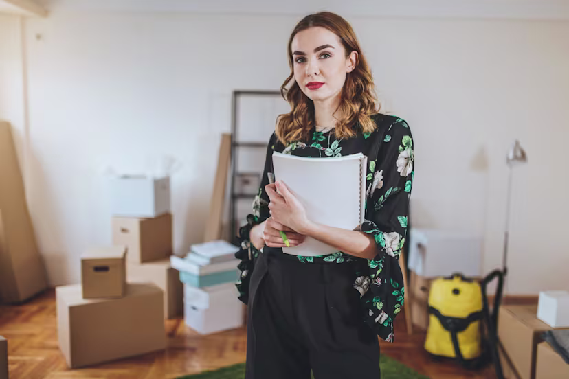 Young woman holding papers in a room with boxes