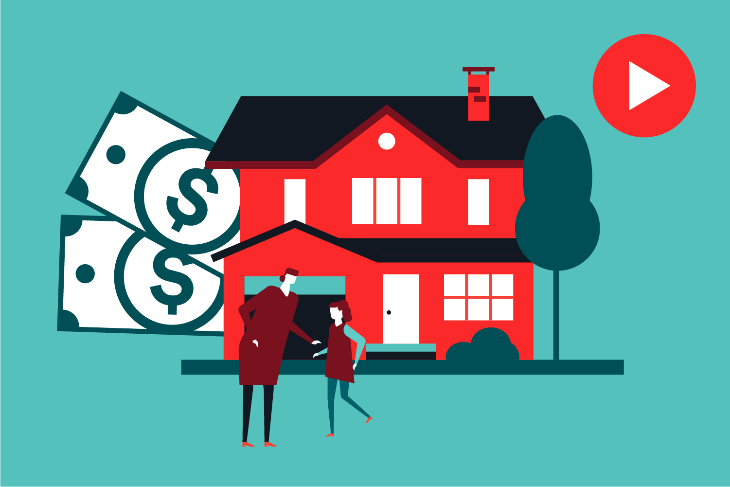 Illustration of a red house with people in front posing happy after closing a mortgage.