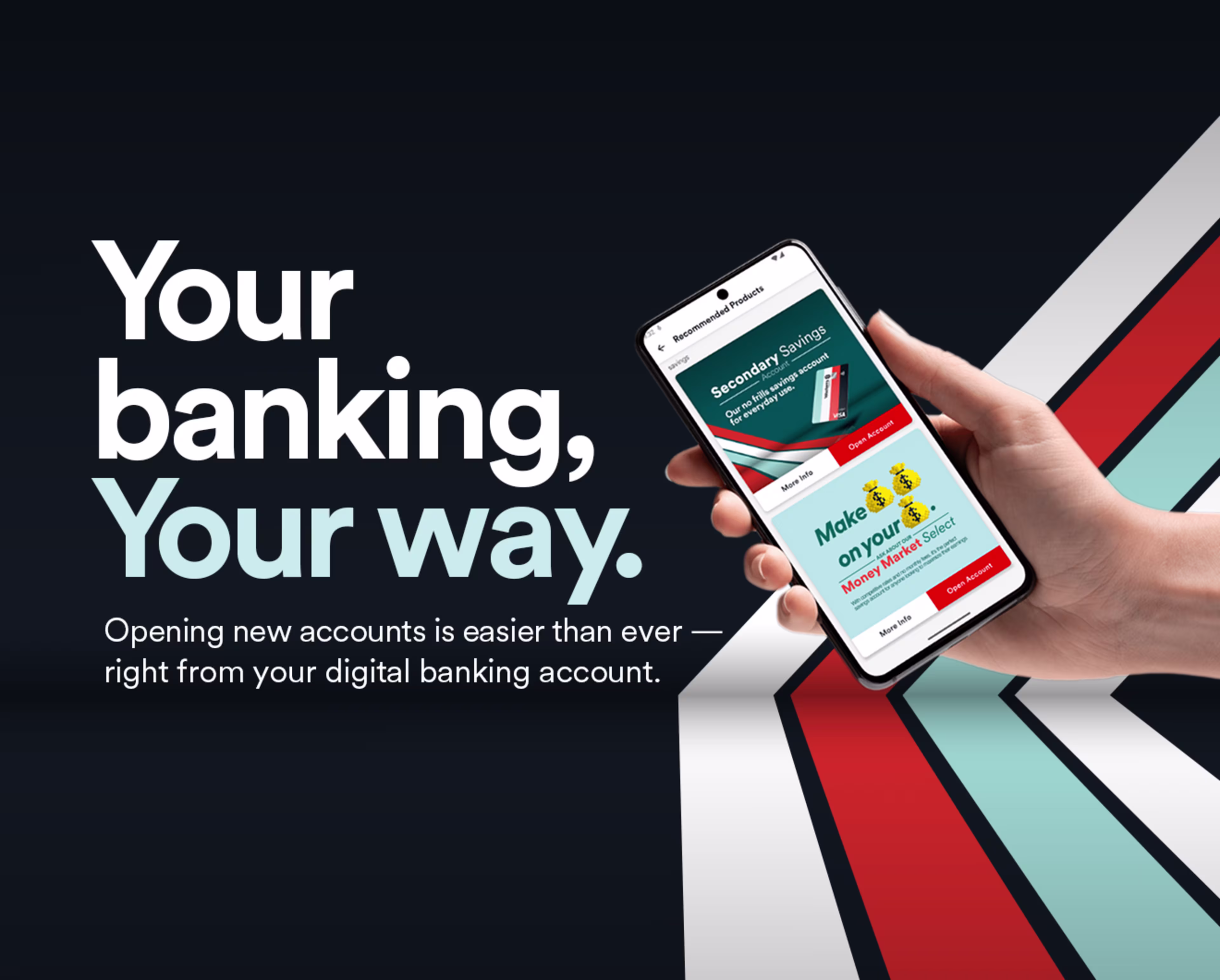 Person holding a smartphone while using a digital banking app, with text overlay stating that opening new accounts is easier than ever.