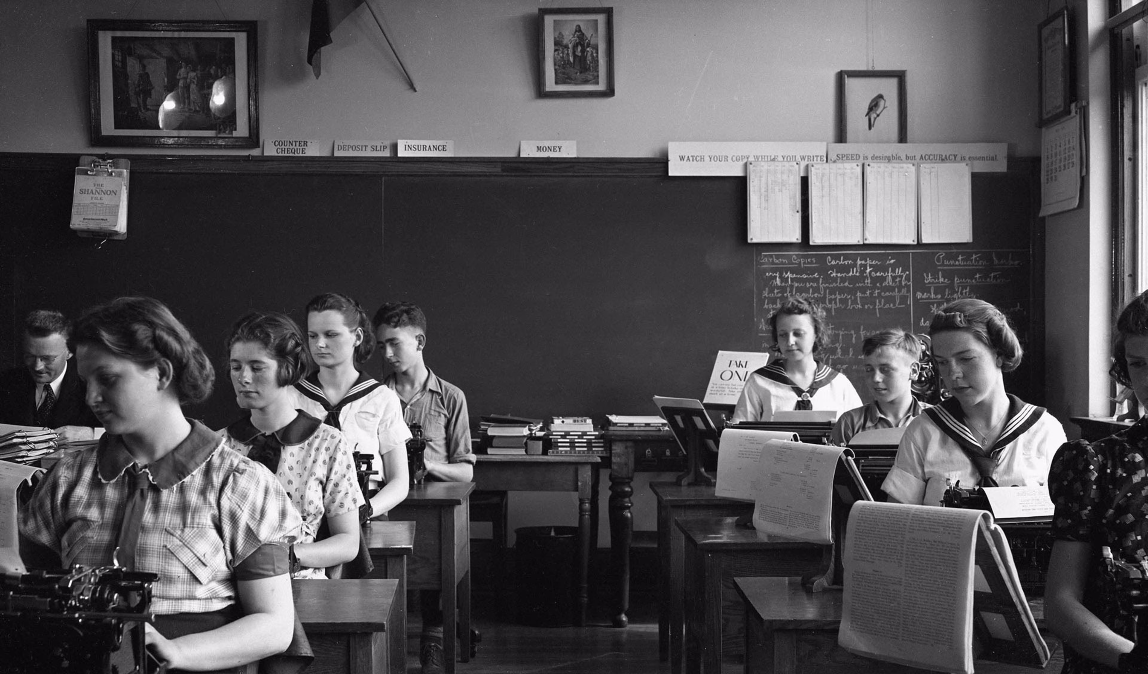 Westerra Credit Union was founded in 1934 by teachers. Picture of a black and white classroom.