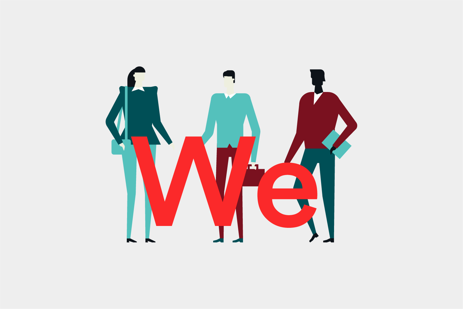 Illustration of three people standing behind the word "We"