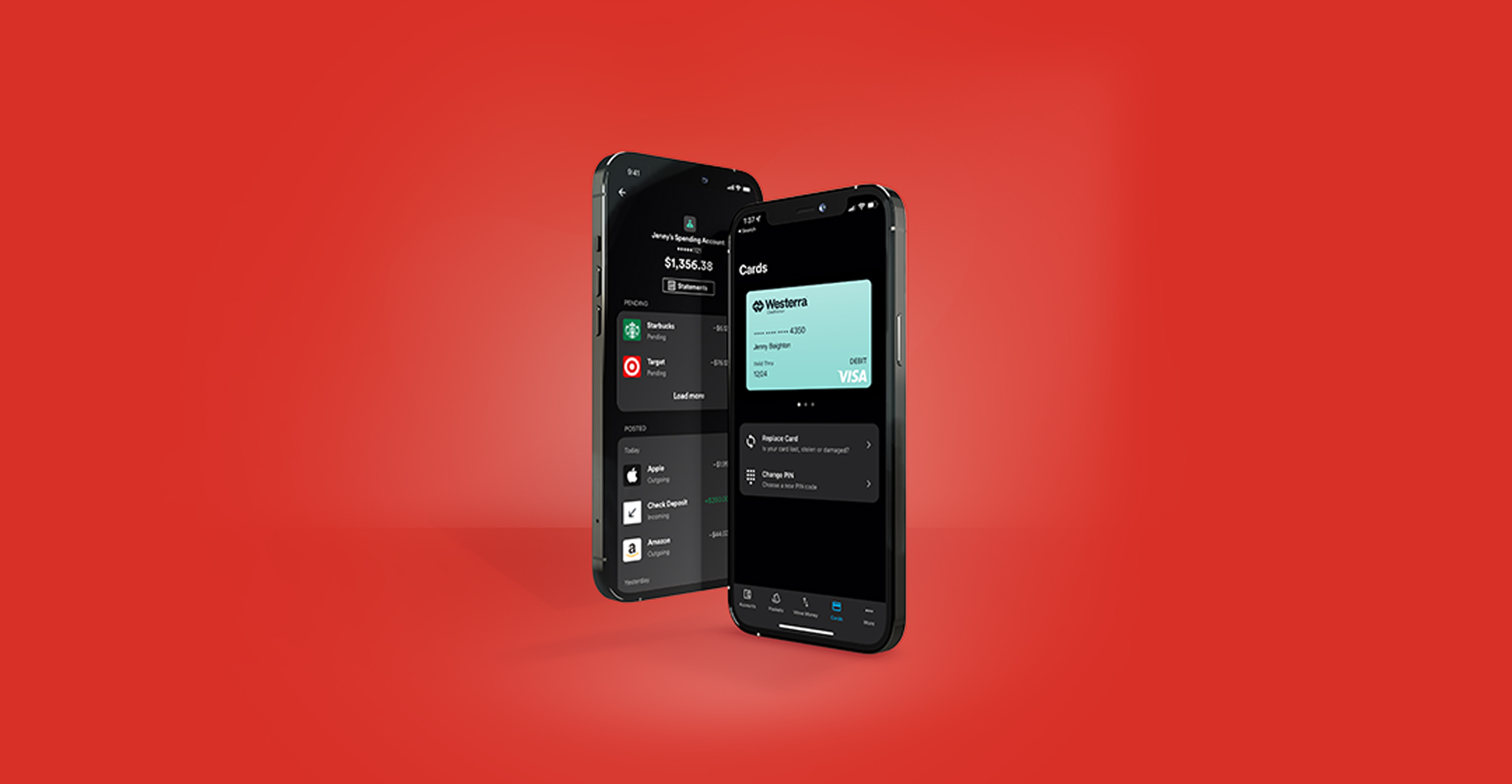 Digital banking app screens on black phones on red background