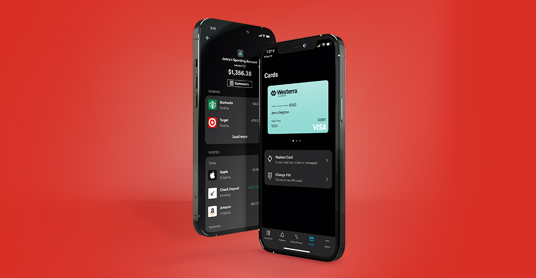 Digital banking app screens on black phones on red background
