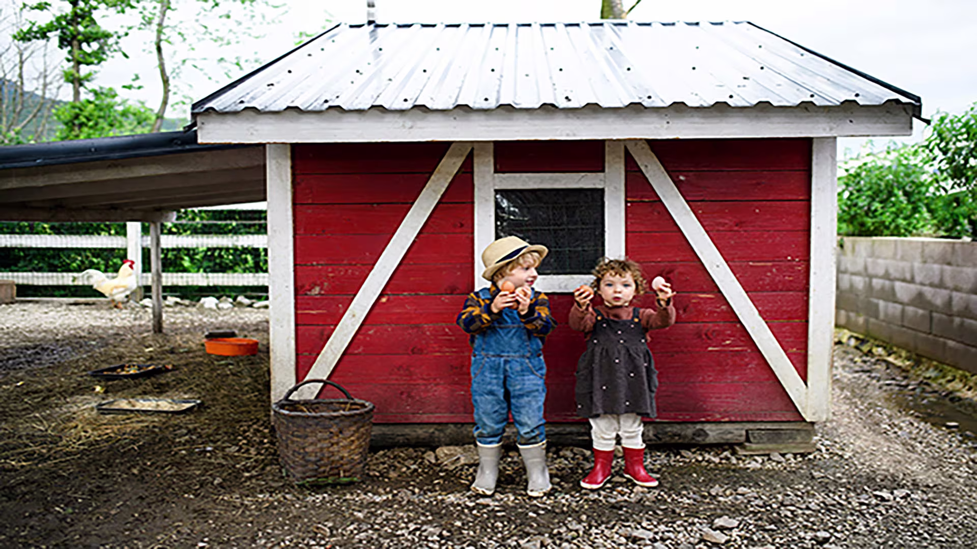 Two kids on a farm holding freshly gathered eggs, symbolizing the charm of rural living and homegrown projects—ideal for illustrating home improvement, farm renovations, and construction loans for family properties.