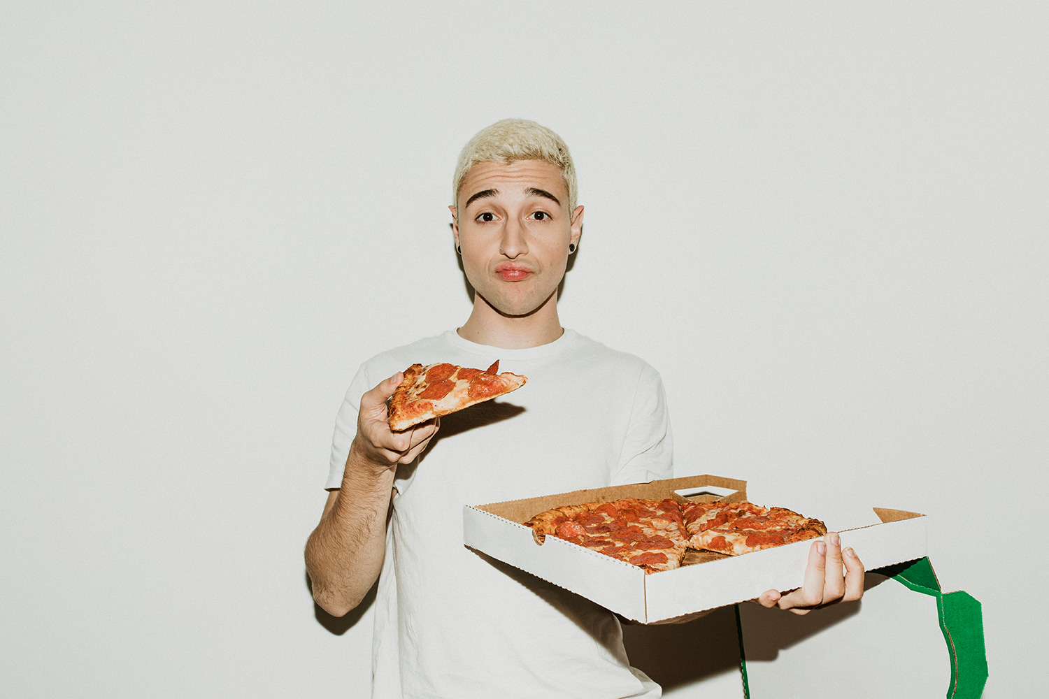 Man Eating pizza in White Shirt