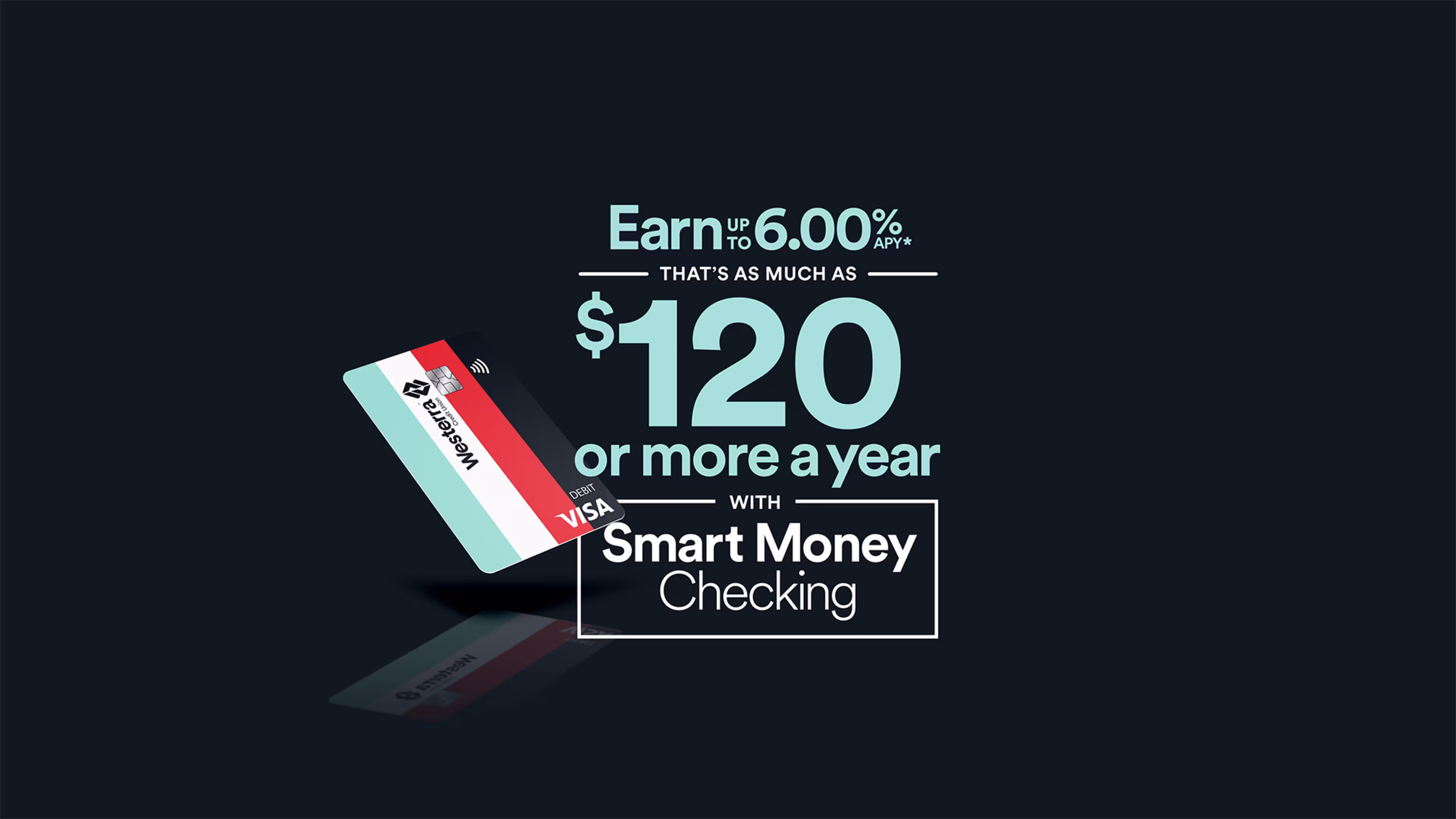 Earn up to 6.00%, as much as $120 or more a year with the Westerra Smart Money Checking account.