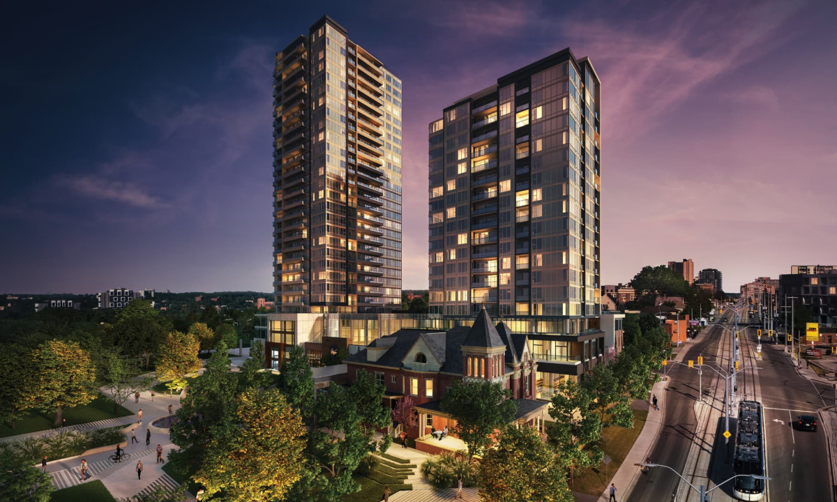 Exterior render of Union Towers in the evening