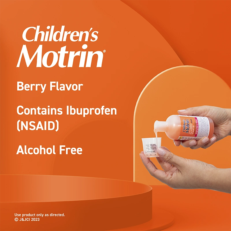 Children's Motrin berry flavor, contains ibuprofen (NSAID), Alcohol Free, hands holding a small bottle.