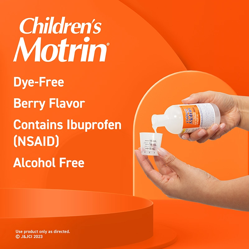 Children's Motrin dye-free, berry flavor, contains ibuprofen (NSAID), Alcohol Free, hands holding a small bottle.