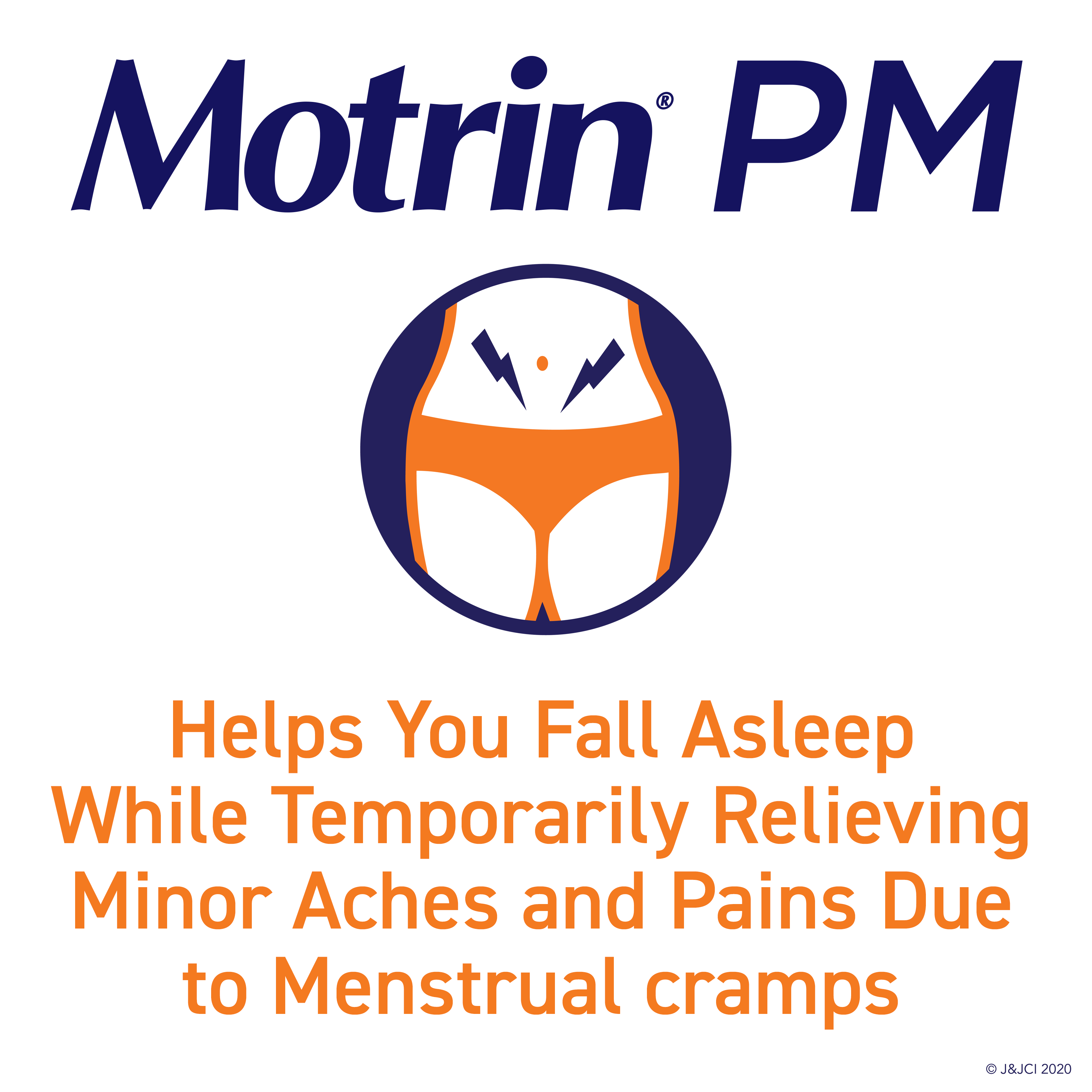 Motrin PM advertisement showing a stylized illustration of a person experiencing menstrual cramps, with text stating that it helps with sleep and temporarily relieves pain.