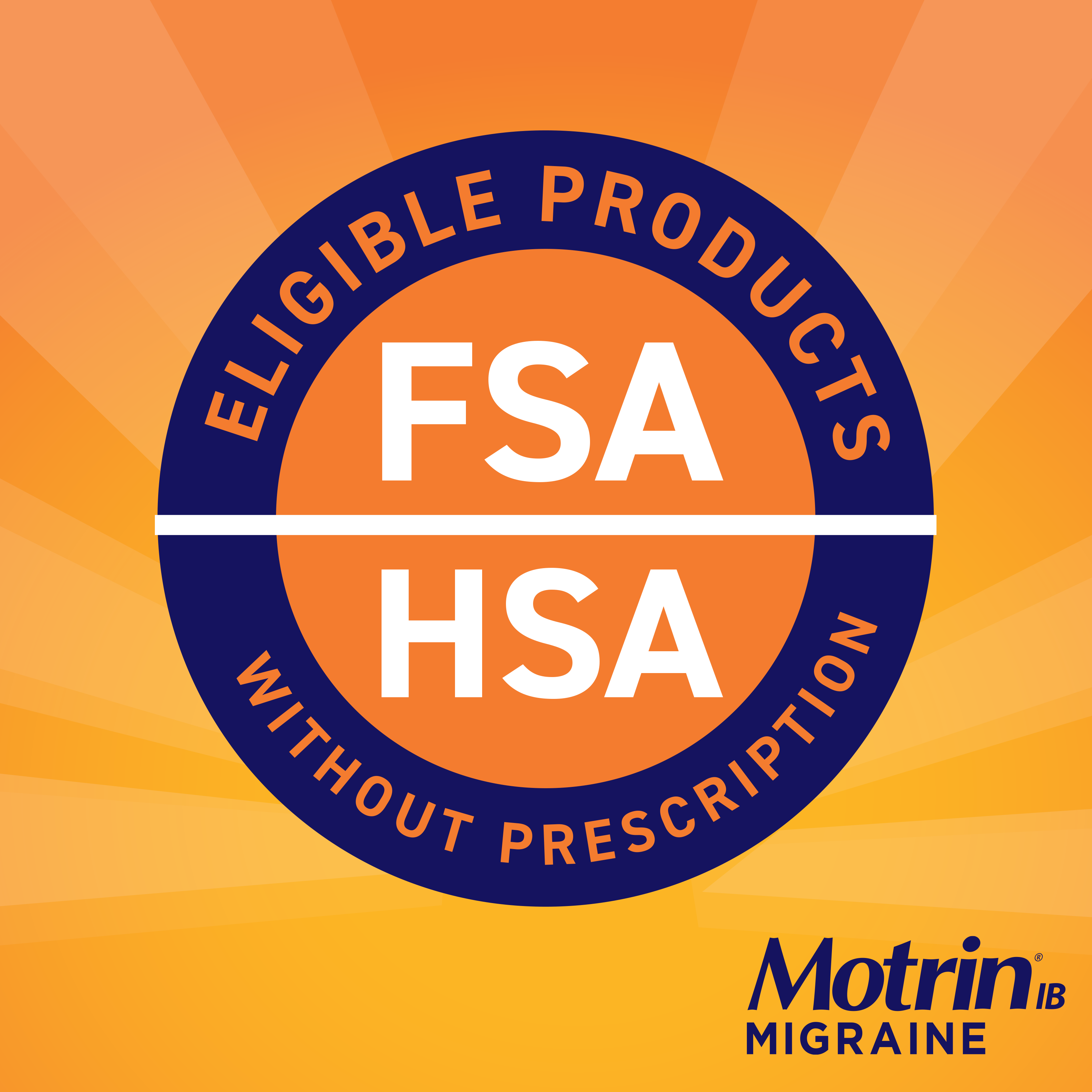 A graphic showing that Motrin Migraine is an eligible product for Flexible Spending Accounts (FSA) and Health Savings Accounts (HSA) without a prescription.