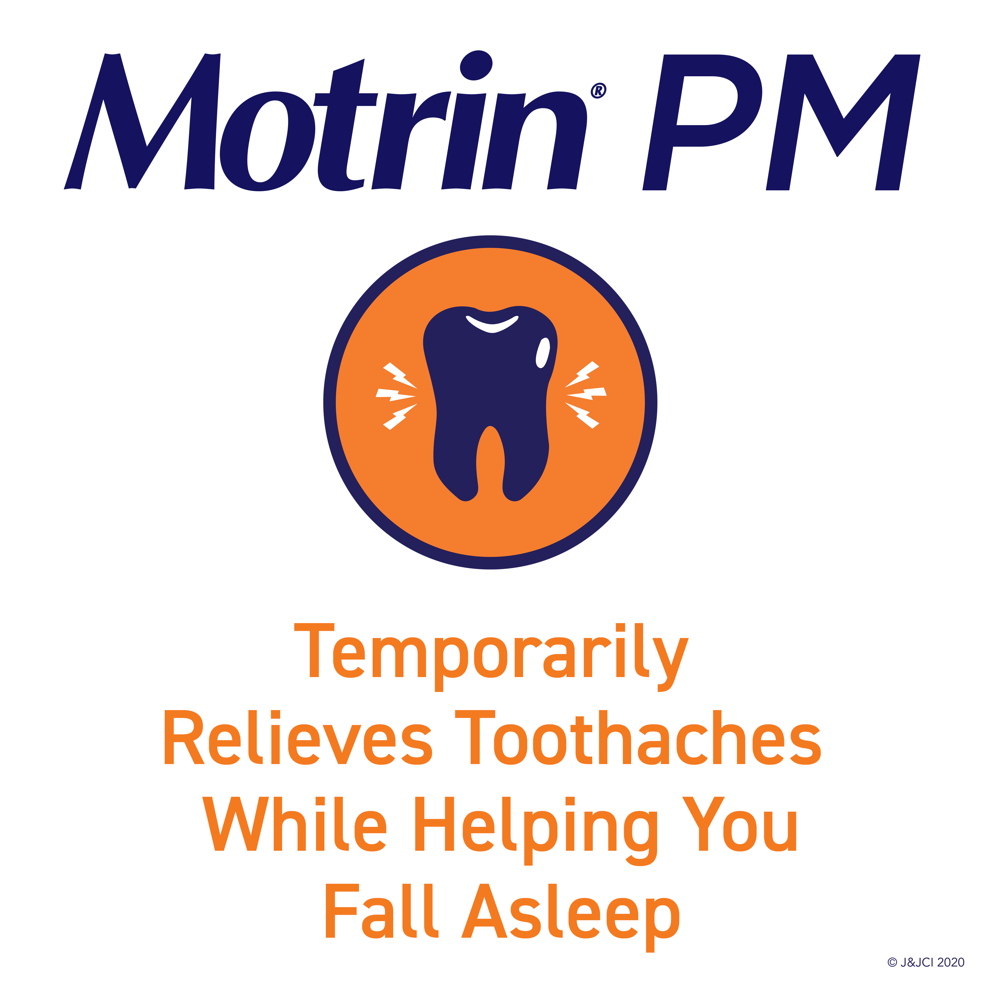 Motrin PM logo with an illustration of a toothache and text stating it temporarily relieves toothaches while helping you fall asleep.