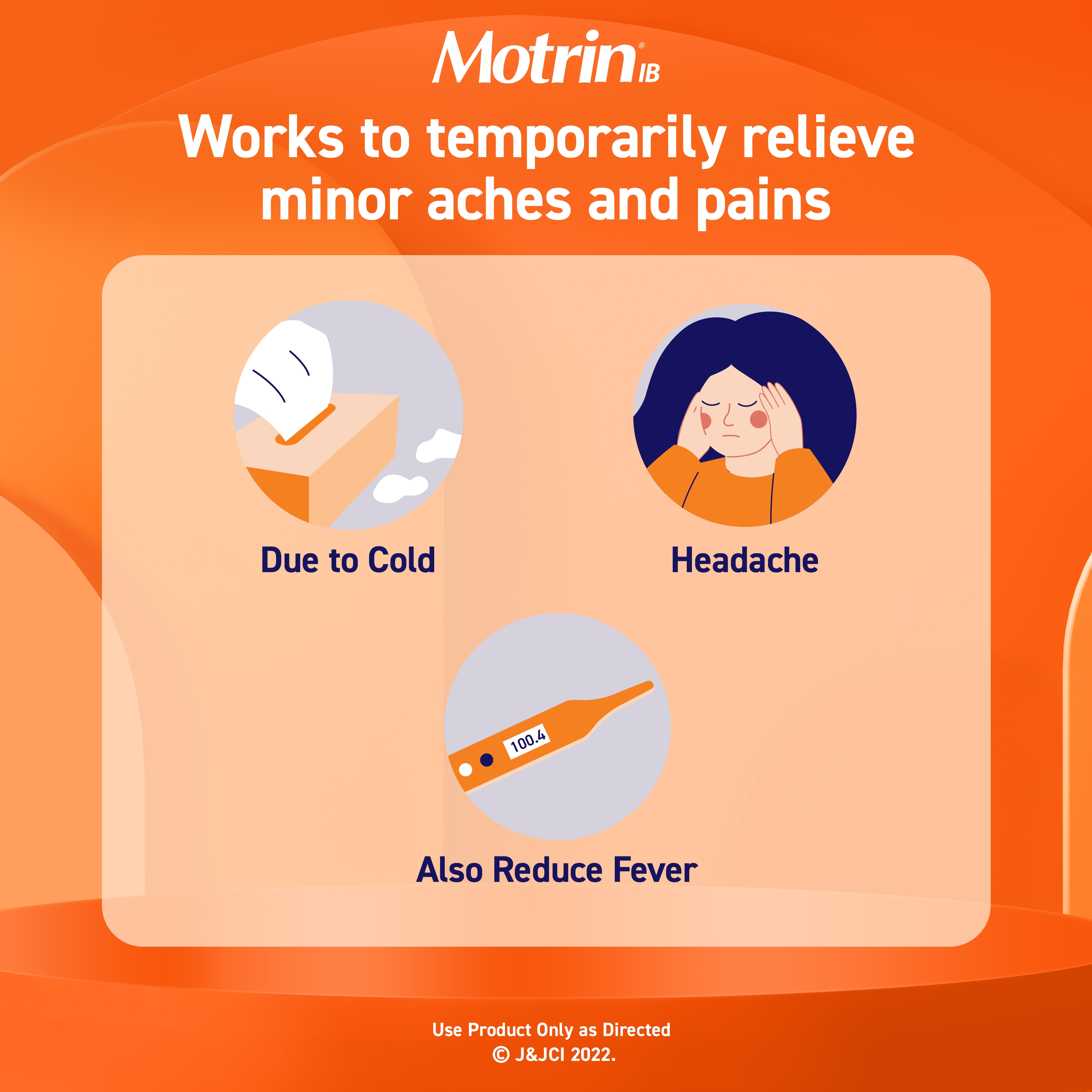 Infographic showing how Motrin IB temporarily relieves minor aches and pains, including cold, headache, and reduce fever. Illustrations depict each pain type.