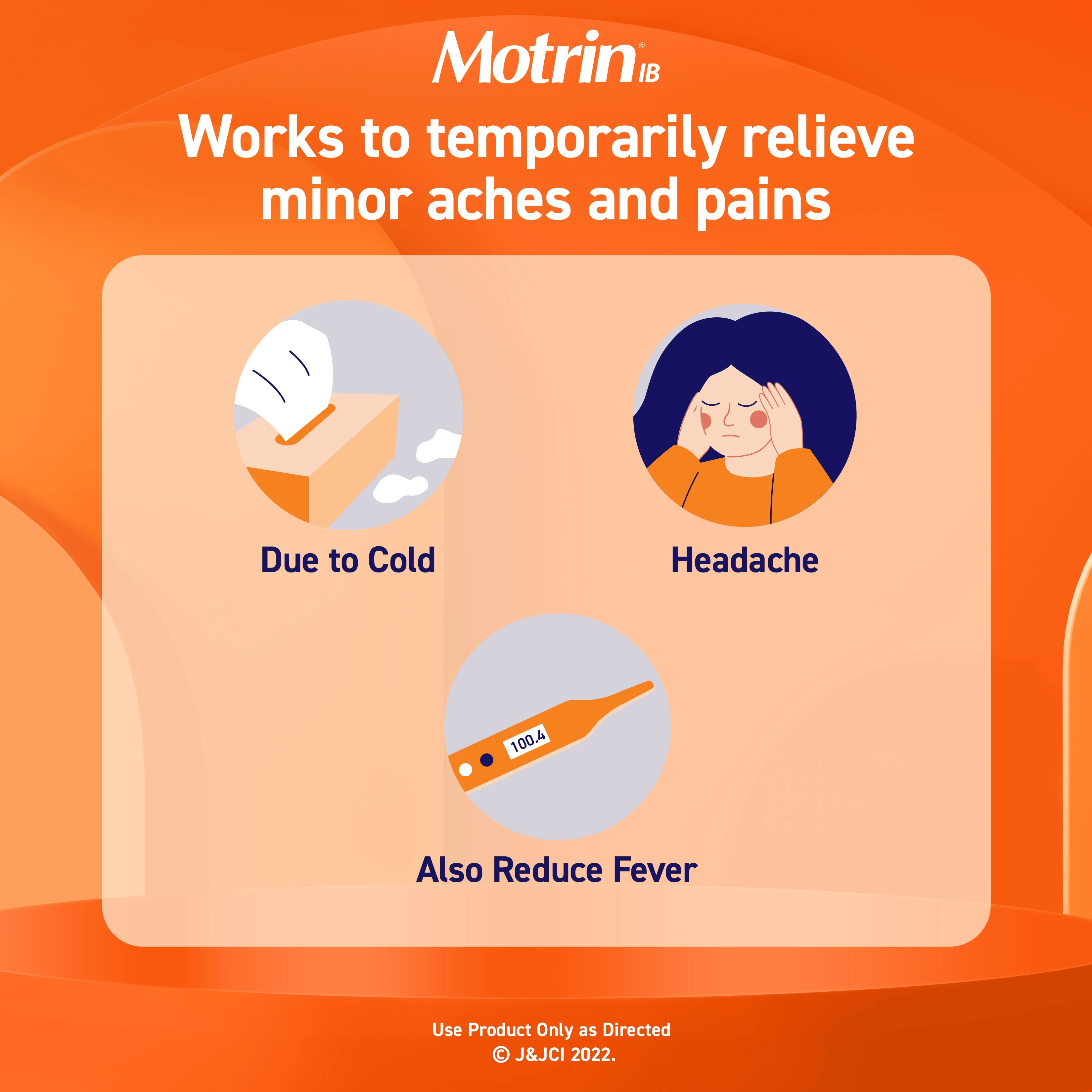 Infographic showing how Motrin IB temporarily relieves minor aches and pains, including cold, headache, and reduce fever. Illustrations depict each pain type.