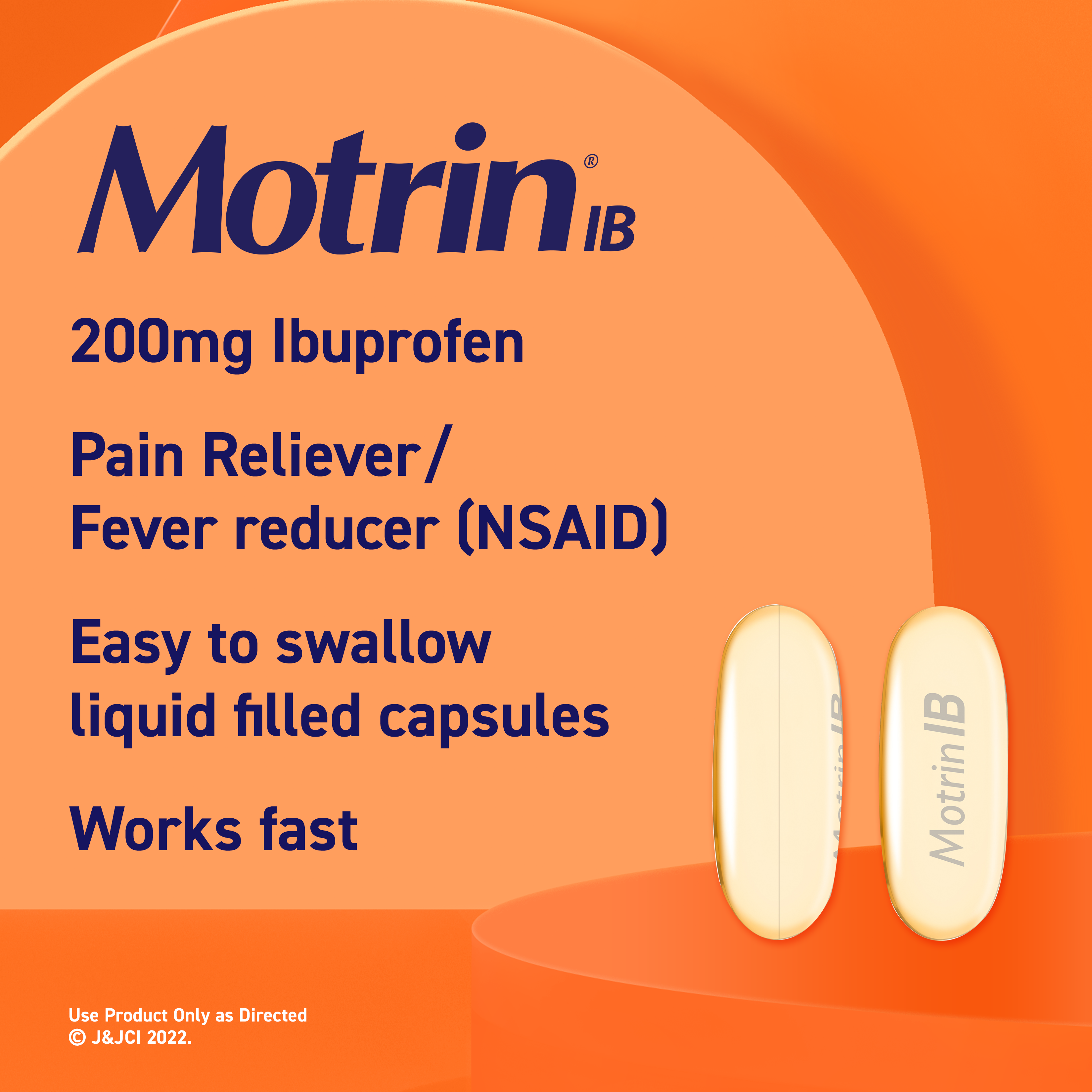 A graphic of Motrin IB 200mg Ibuprofen liquid-filled capsules. The graphic features the product name and highlights that it's a fast-acting pain reliever and fever reducer (NSAID), with easy-to-swallow capsules.