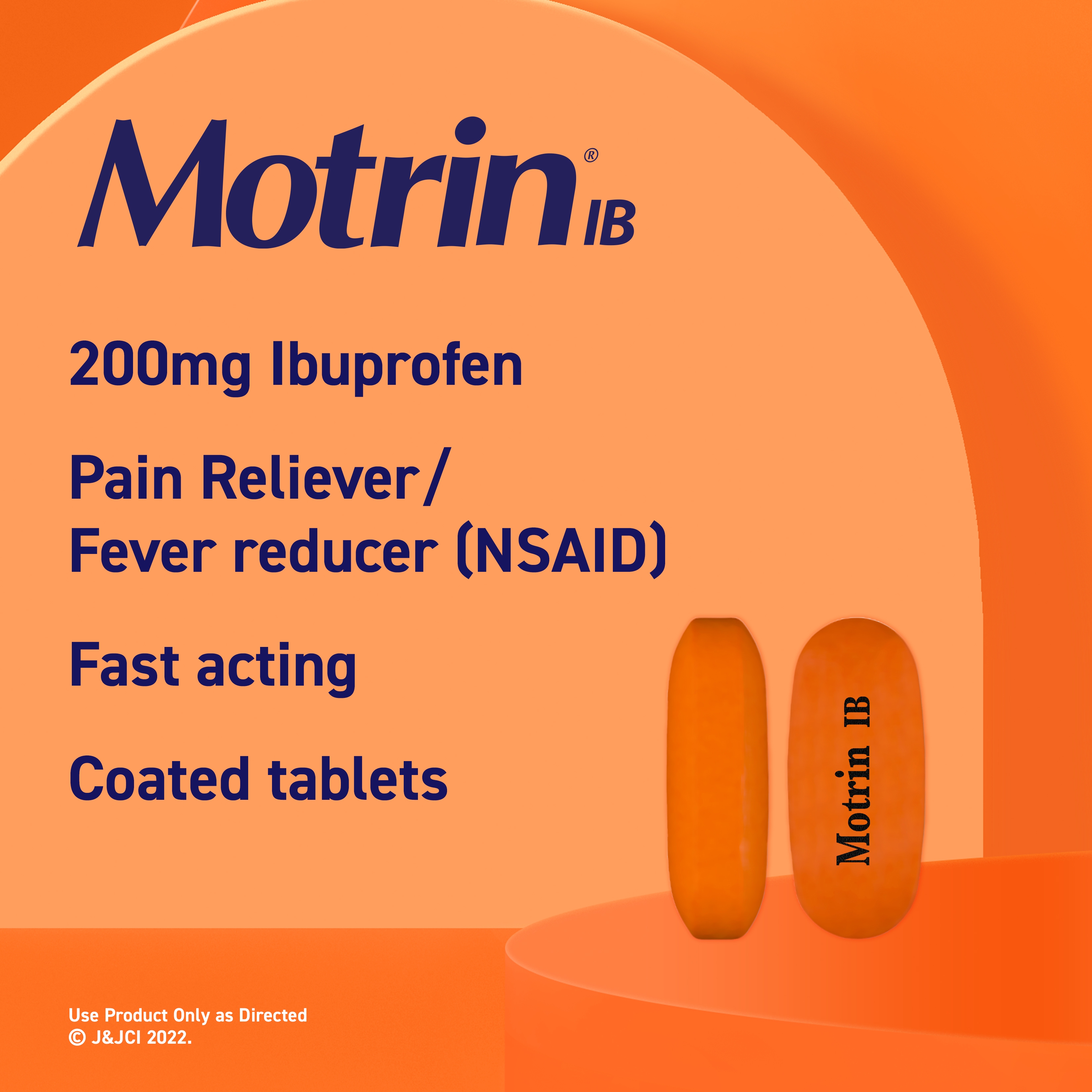 Two Motrin IB ibuprofen tablets, 200mg each, shown against an orange background. The image also includes text highlighting its use as a pain reliever and fever reducer.