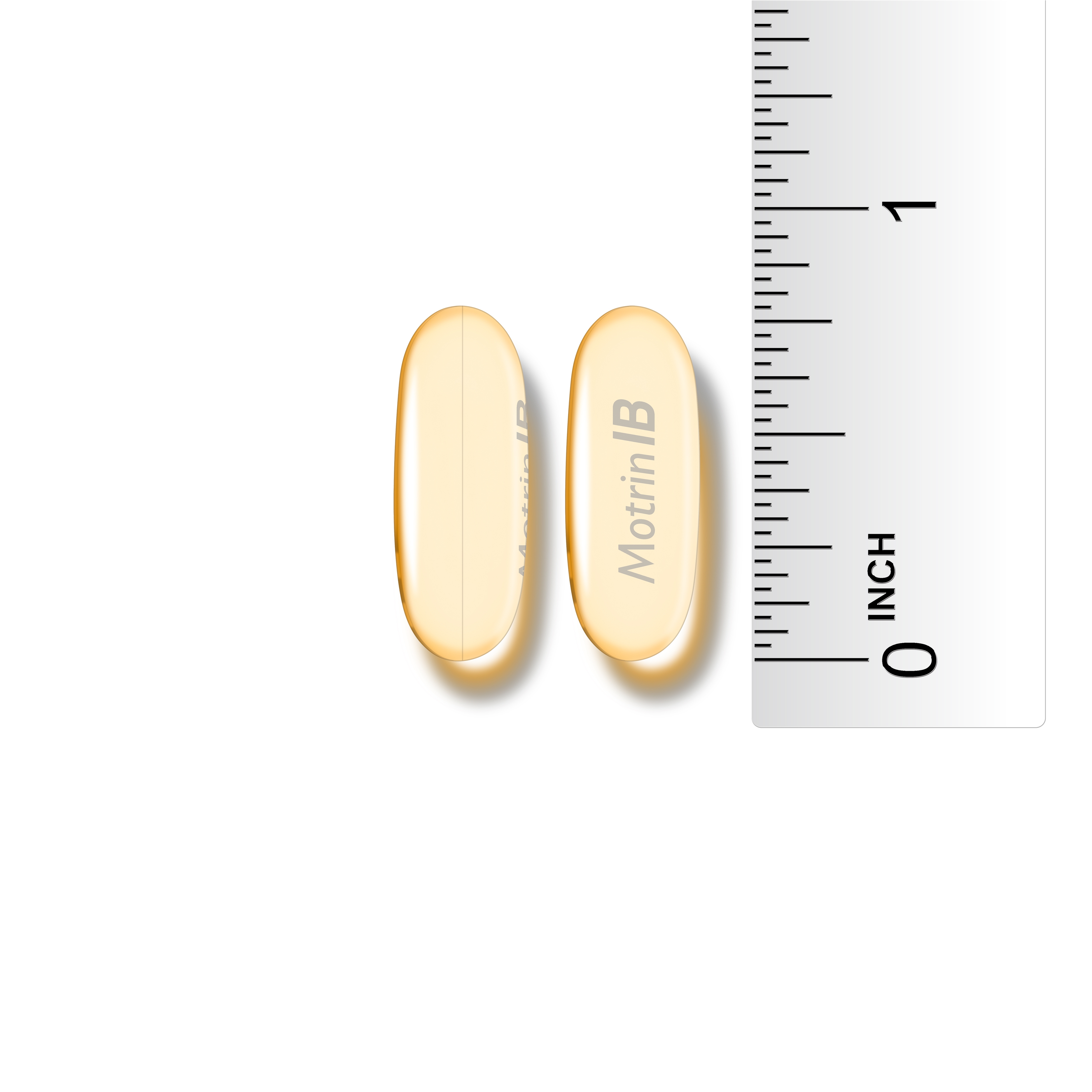 Two oblong, light-yellow Motrin IB liquid gel caplets are shown next to a ruler. The ruler shows that the caplets are approximately Â¾ inch long.