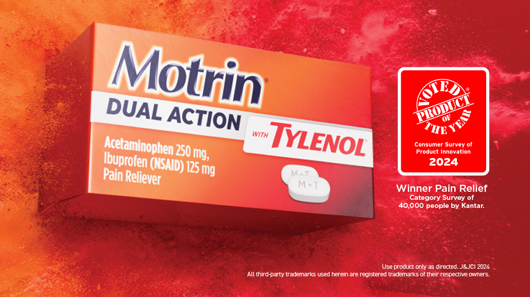 Motrin® Dual Action with Tylenol®, Ibuprofen and Acetaminophen, front of package in a orange and red background