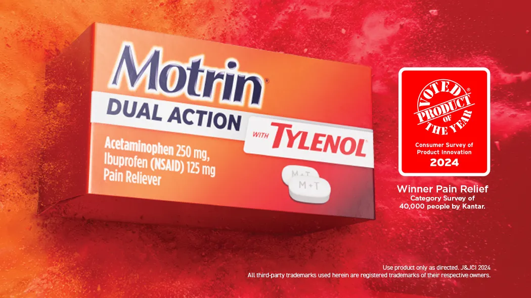 Motrin® Dual Action with Tylenol®, Ibuprofen and Acetaminophen, front of package in a orange and red background