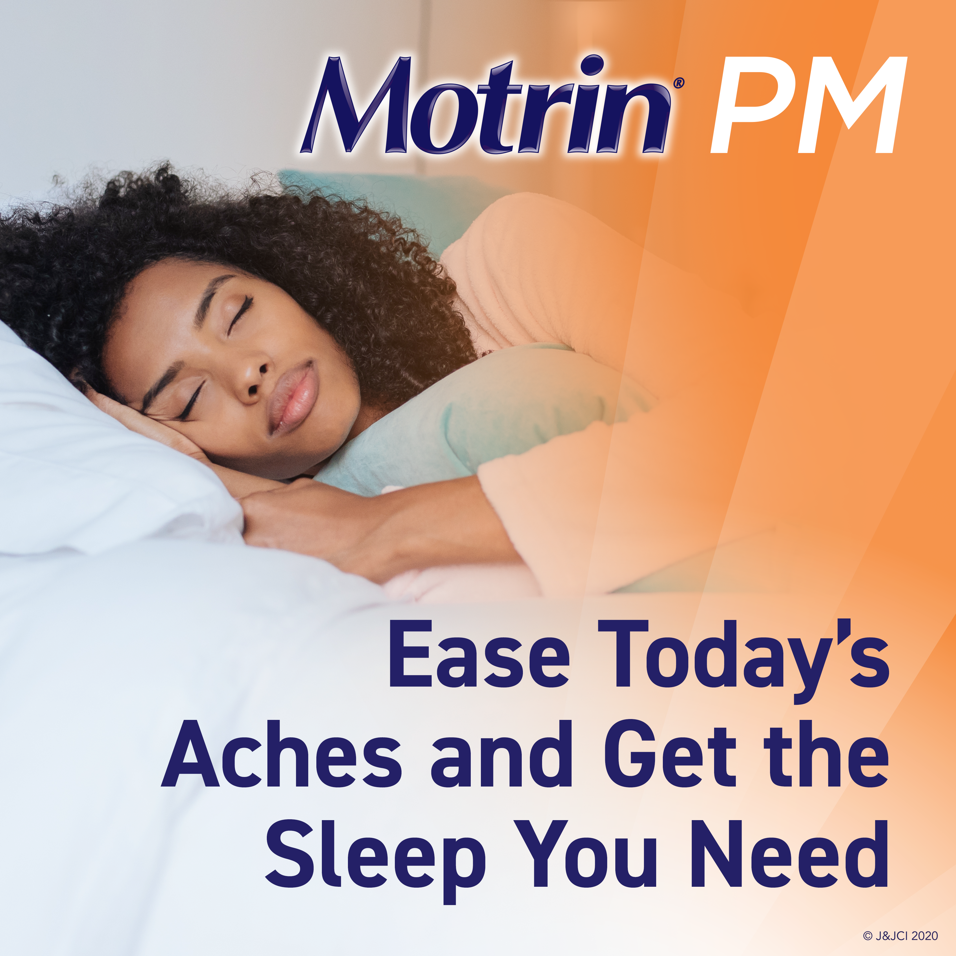 A young woman with curly hair peacefully sleeps in bed. Image features the Motrin PM logo and text: "Ease Today's Aches and Get the Sleep You Need."