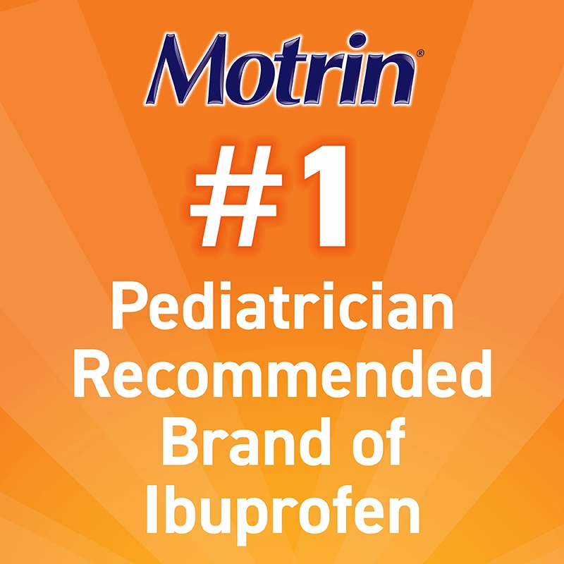 Orange background with text, "Motrin. First Pediatrician Recommended Brand of Ibuprofen"