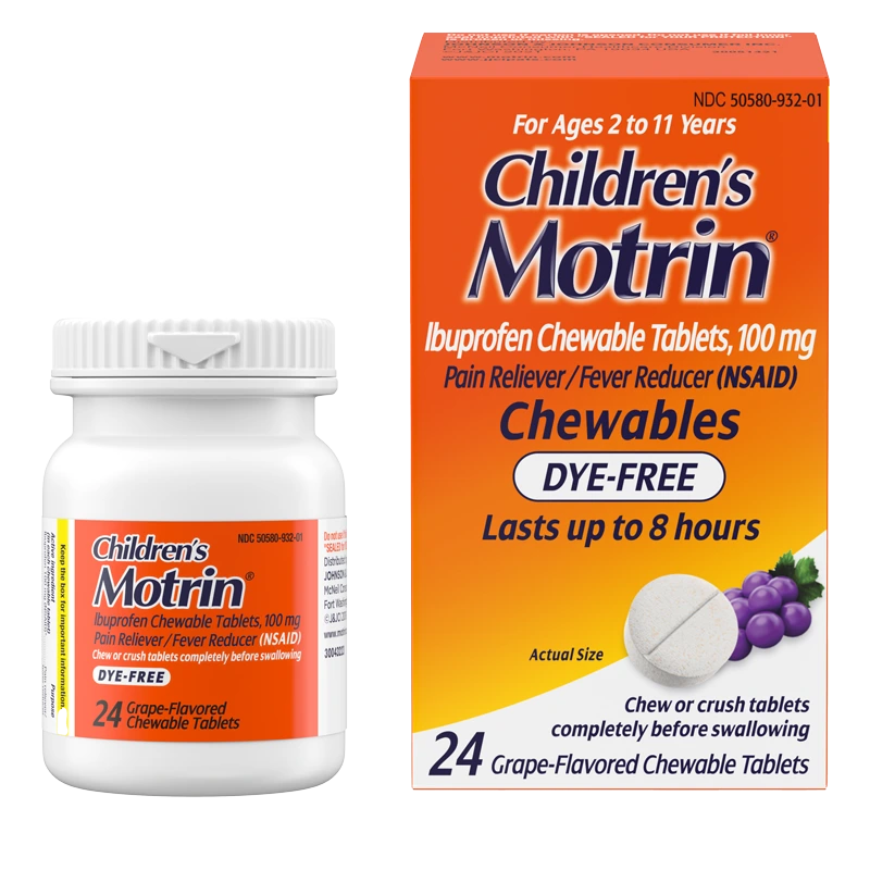 Children's Motrin package, bottle and box, of 100 mg ibuprofen chewable tablets for ages 2 to 11, dye-free, grape-flavored, for pain relief and to reduce fever.