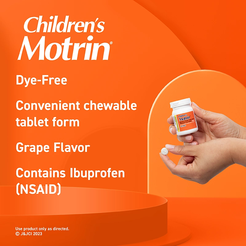 Children's Motrin chewable dosage information for 2 to 11 years old. Doses vary by weight and age, with 1-3 tablets recommended. Under 2 years or under 24 lbs should consult a doctor.