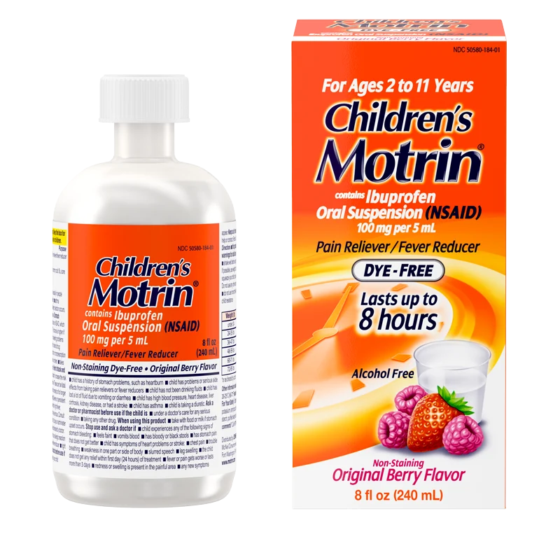 Children's Motrin Oral Suspension, dye-free, berry flavored, for ages 2 to 11, for pain relief and to reduce fever, 100 mg per 5 mL, 8 fl oz (240 mL), lasts up to 8 hours.